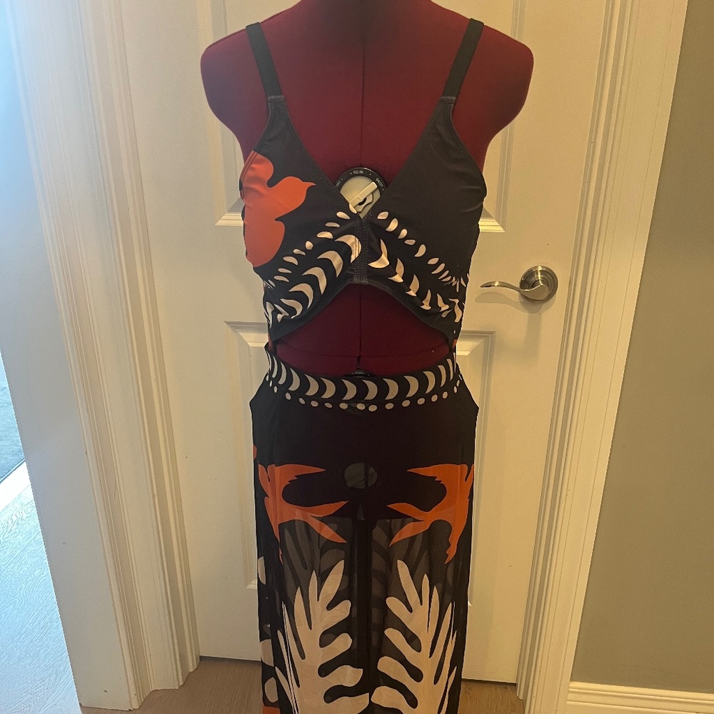 Women's Black & Orange Cutout Maxi Swim Cover-Up Dress